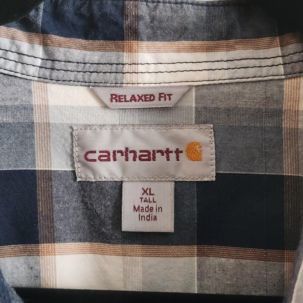 Carhartt Shirt Mens XL Tall Blue Plaid Short Sleeve Button Up Relaxed Fit Cotton - Picture 3 of 8